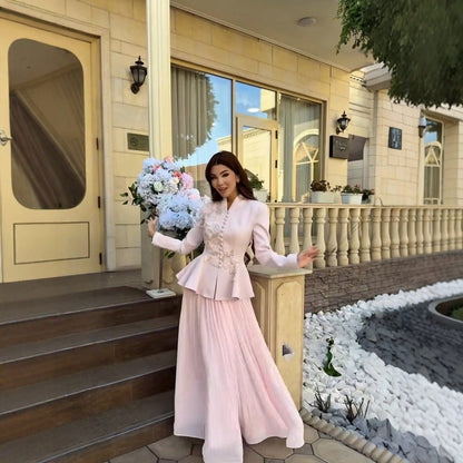 2-Piece Embroidered Peplum Jacket & Micro Pleat Maxi Skirt Set(MS417) - A-1 Thread Vault