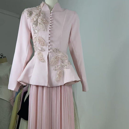 2-Piece Embroidered Peplum Jacket & Micro Pleat Maxi Skirt Set(MS417) - A-1 Thread Vault