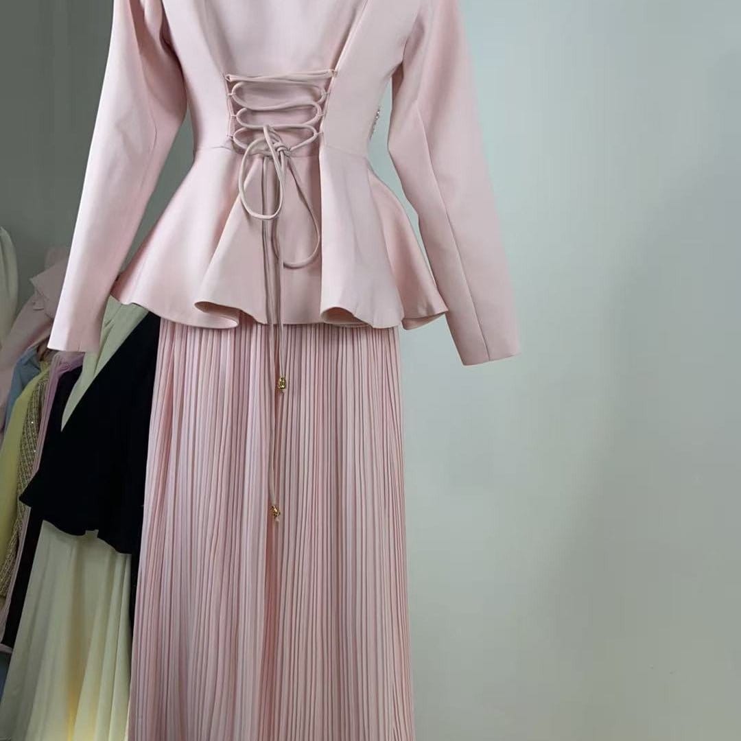 2-Piece Embroidered Peplum Jacket & Micro Pleat Maxi Skirt Set(MS417) - A-1 Thread Vault