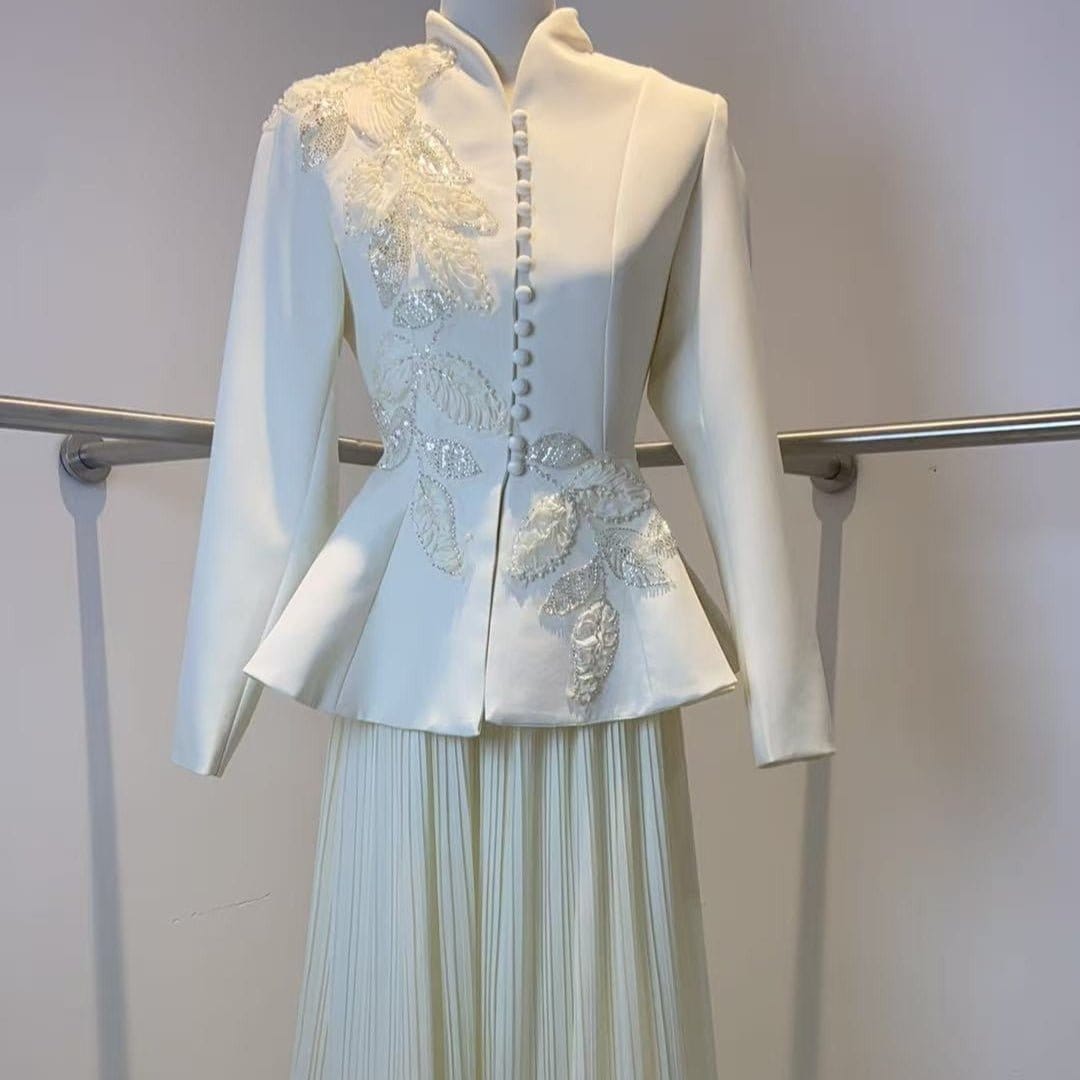 2-Piece Embroidered Peplum Jacket & Micro Pleat Maxi Skirt Set(MS417) - A-1 Thread Vault