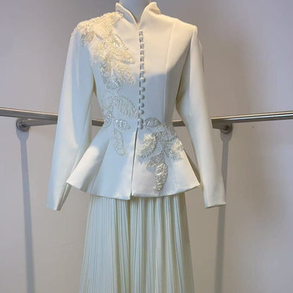 2-Piece Embroidered Peplum Jacket & Micro Pleat Maxi Skirt Set(MS417) - A-1 Thread Vault