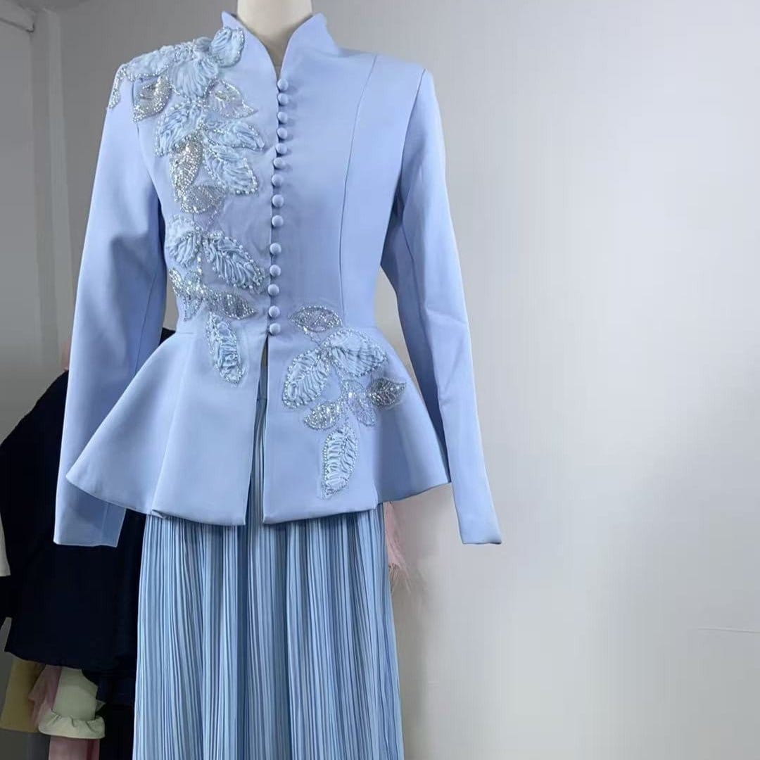 2-Piece Embroidered Peplum Jacket & Micro Pleat Maxi Skirt Set(MS417) - A-1 Thread Vault