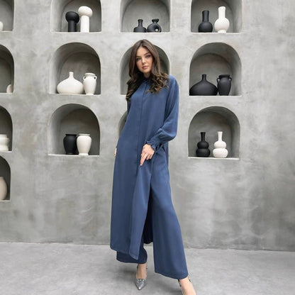 2-Piece Mandarin Collar Longline Shirt & Wide Leg Pants Set(MS418) - A-1 Thread Vault
