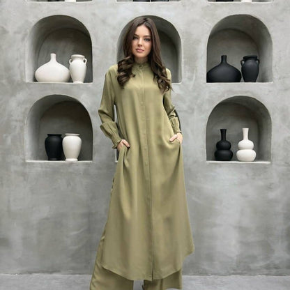 2-Piece Mandarin Collar Longline Shirt & Wide Leg Pants Set(MS418) - A-1 Thread Vault