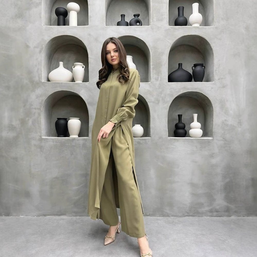 2-Piece Mandarin Collar Longline Shirt & Wide Leg Pants Set(MS418) - A-1 Thread Vault
