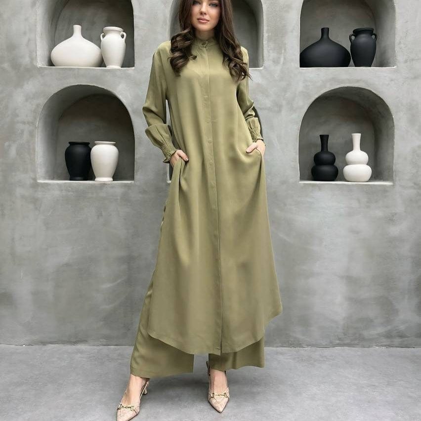 2-Piece Mandarin Collar Longline Shirt & Wide Leg Pants Set(MS418) - A-1 Thread Vault