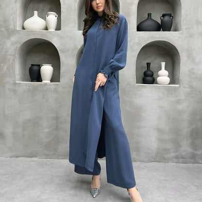 2-Piece Mandarin Collar Longline Shirt & Wide Leg Pants Set(MS418) - A-1 Thread Vault