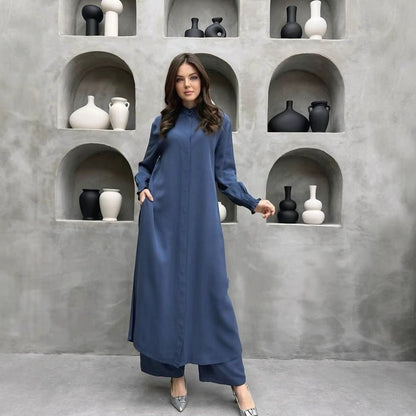 2-Piece Mandarin Collar Longline Shirt & Wide Leg Pants Set(MS418) - A-1 Thread Vault
