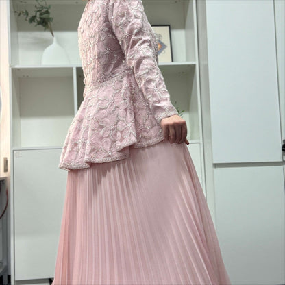 2-Piece Pearl Beaded 3D Rose Embroidered Jacket & Chiffon Pleated Maxi Dress Set(MS401) - A-1 Thread Vault