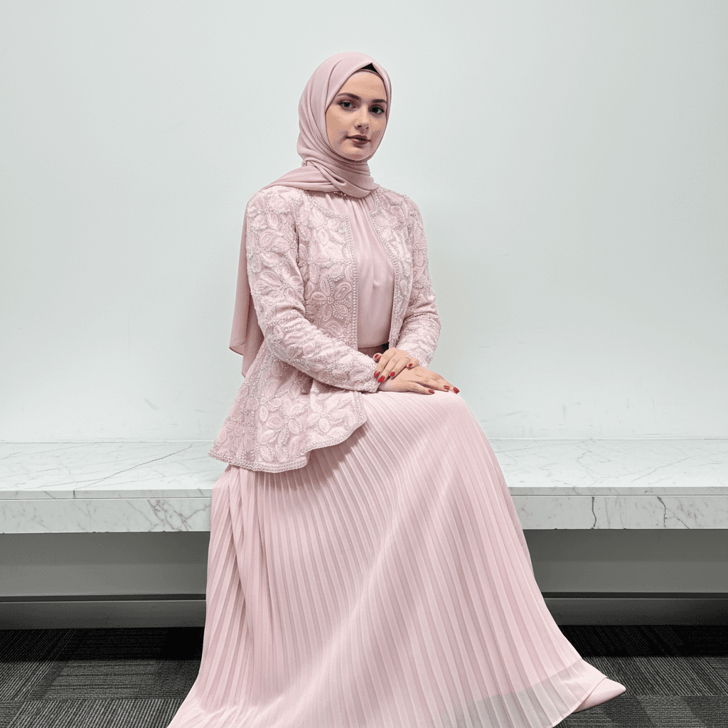 2-Piece Pearl Beaded 3D Rose Embroidered Jacket & Chiffon Pleated Maxi Dress Set(MS401) - A-1 Thread Vault