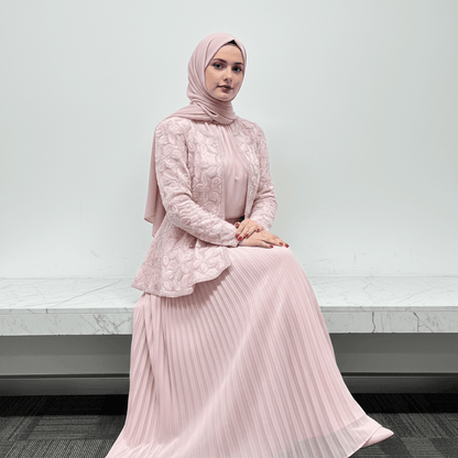 2-Piece Pearl Beaded 3D Rose Embroidered Jacket & Chiffon Pleated Maxi Dress Set(MS401) - A-1 Thread Vault