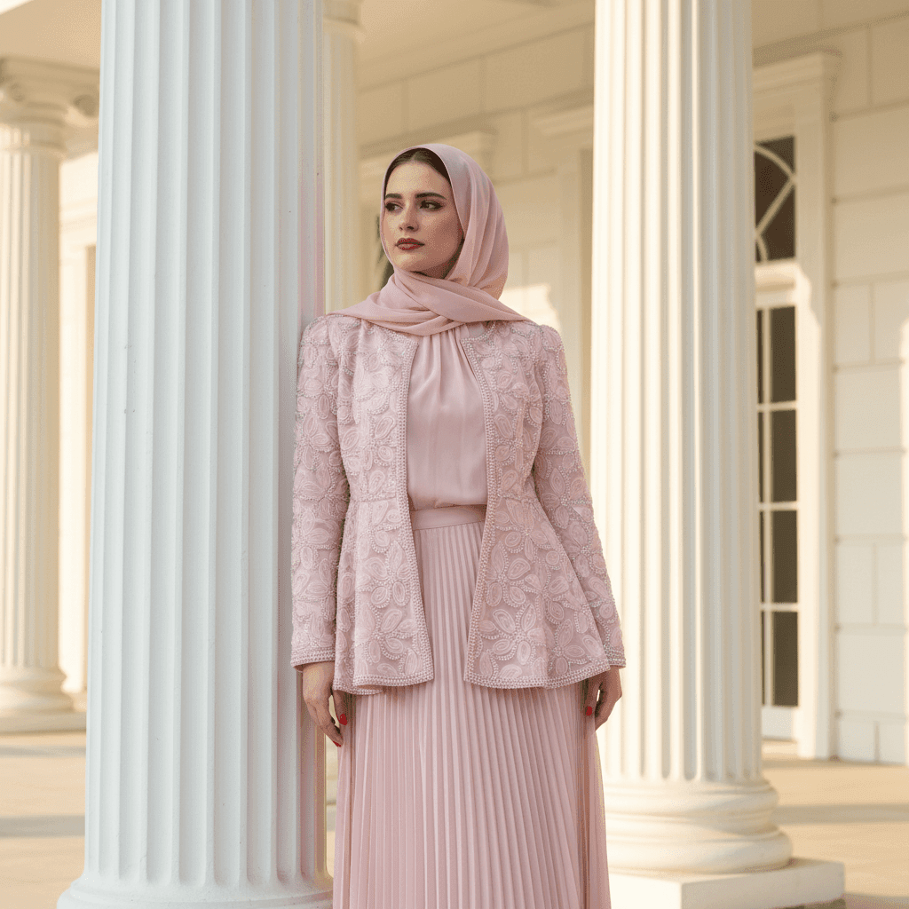 2-Piece Pearl Beaded 3D Rose Embroidered Jacket & Chiffon Pleated Maxi Dress Set(MS401) - A-1 Thread Vault