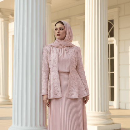 2-Piece Pearl Beaded 3D Rose Embroidered Jacket & Chiffon Pleated Maxi Dress Set(MS401) - A-1 Thread Vault