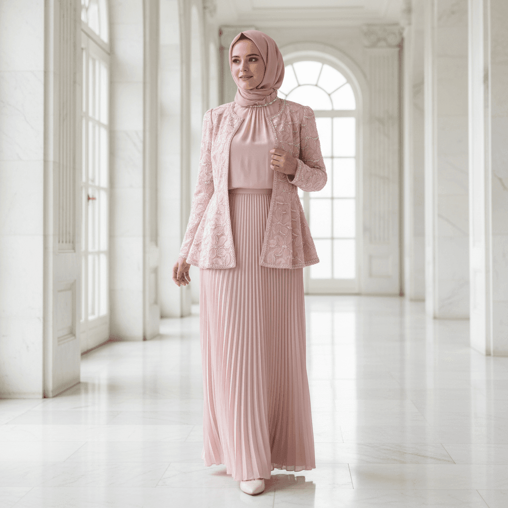 2-Piece Pearl Beaded 3D Rose Embroidered Jacket & Chiffon Pleated Maxi Dress Set(MS401) - A-1 Thread Vault