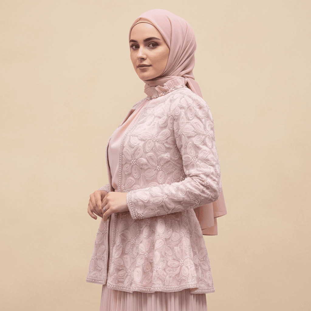 2-Piece Pearl Beaded 3D Rose Embroidered Jacket & Chiffon Pleated Maxi Dress Set(MS401) - A-1 Thread Vault