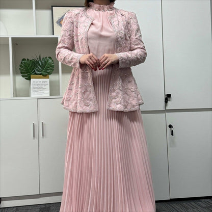 2-Piece Pearl Beaded 3D Rose Embroidered Jacket & Chiffon Pleated Maxi Dress Set(MS401) - A-1 Thread Vault