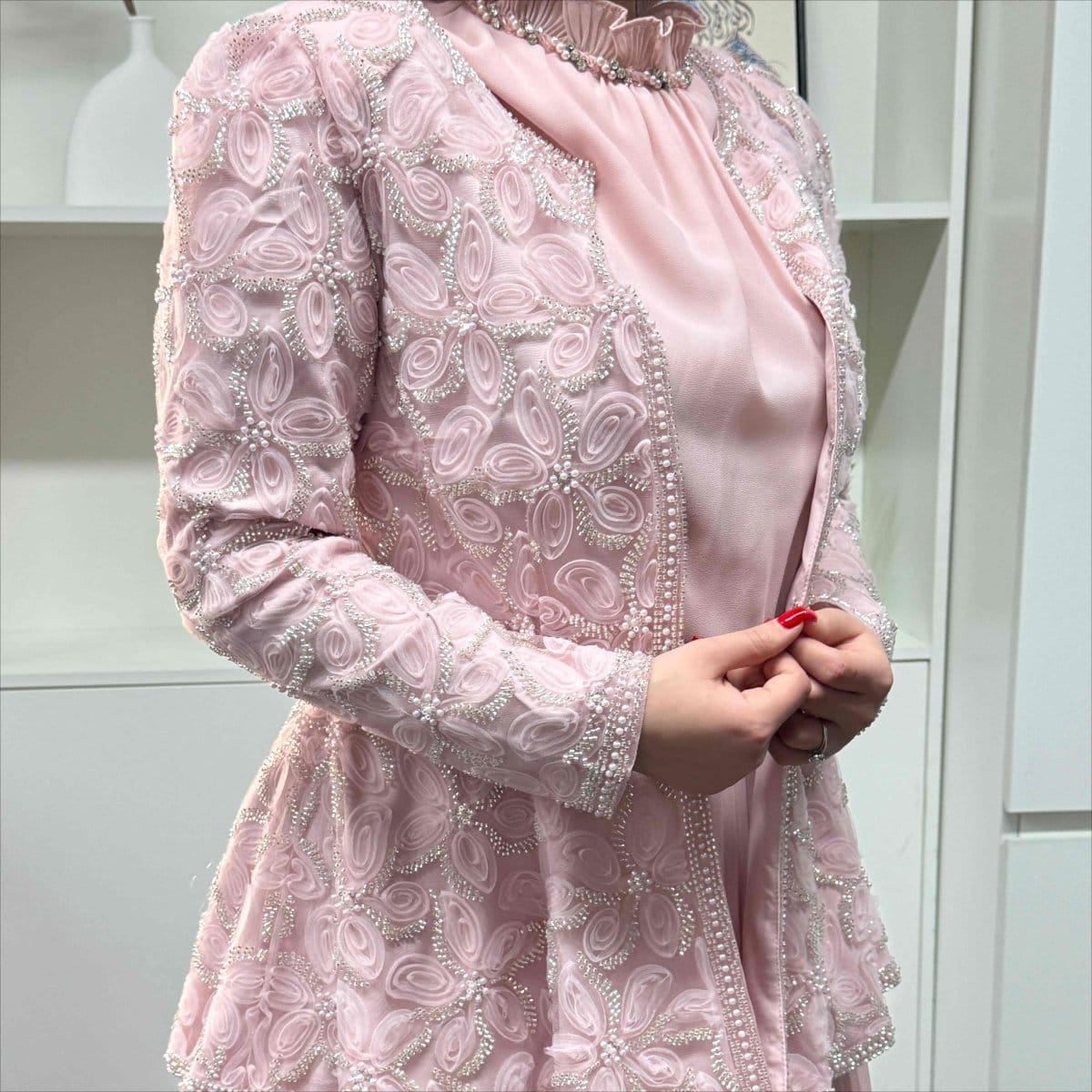 2-Piece Pearl Beaded 3D Rose Embroidered Jacket & Chiffon Pleated Maxi Dress Set(MS401) - A-1 Thread Vault