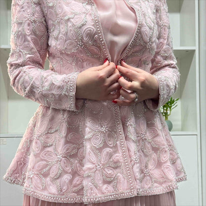 2-Piece Pearl Beaded 3D Rose Embroidered Jacket & Chiffon Pleated Maxi Dress Set(MS401) - A-1 Thread Vault