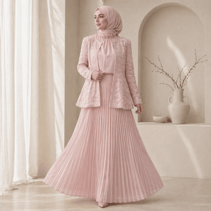 2-Piece Pearl Beaded 3D Rose Embroidered Jacket & Chiffon Pleated Maxi Dress Set(MS401) - A-1 Thread Vault