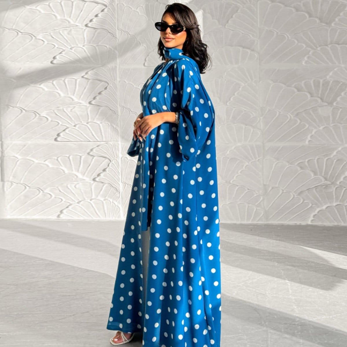 2-Piece Polka Dot Print Open Abaya Set(MOA316) - A-1 Thread Vault