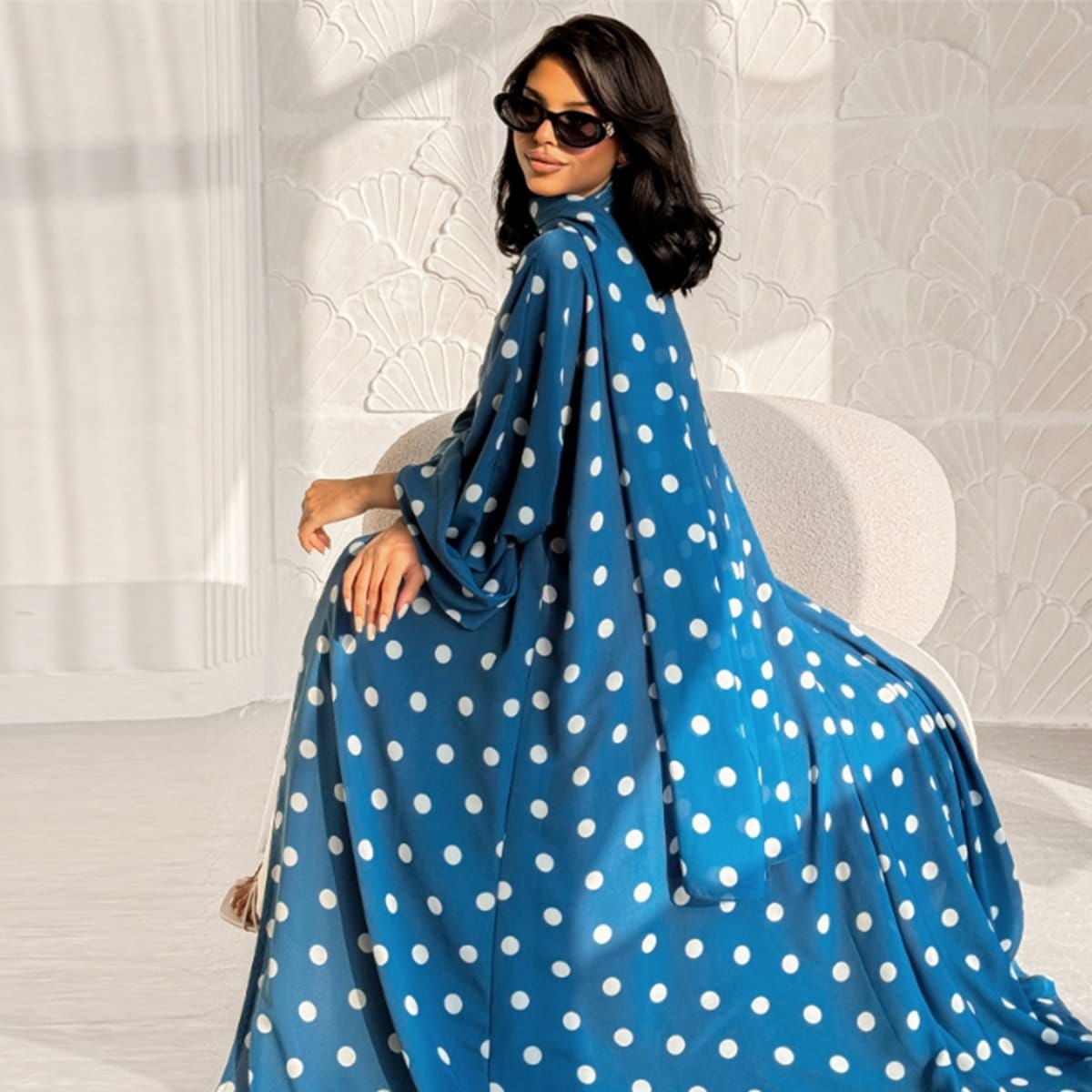 2-Piece Polka Dot Print Open Abaya Set(MOA316) - A-1 Thread Vault