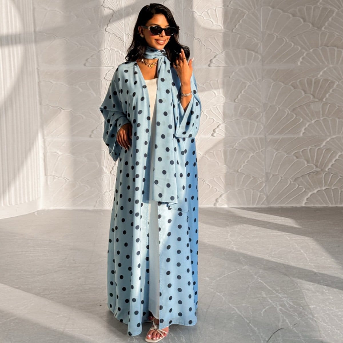 2-Piece Polka Dot Print Open Abaya Set(MOA316) - A-1 Thread Vault