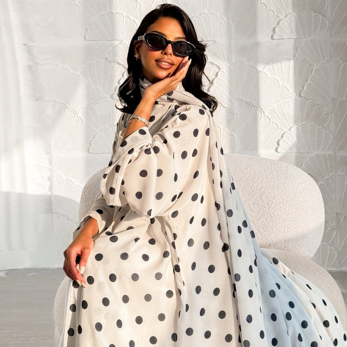 2-Piece Polka Dot Print Open Abaya Set(MOA316) - A-1 Thread Vault