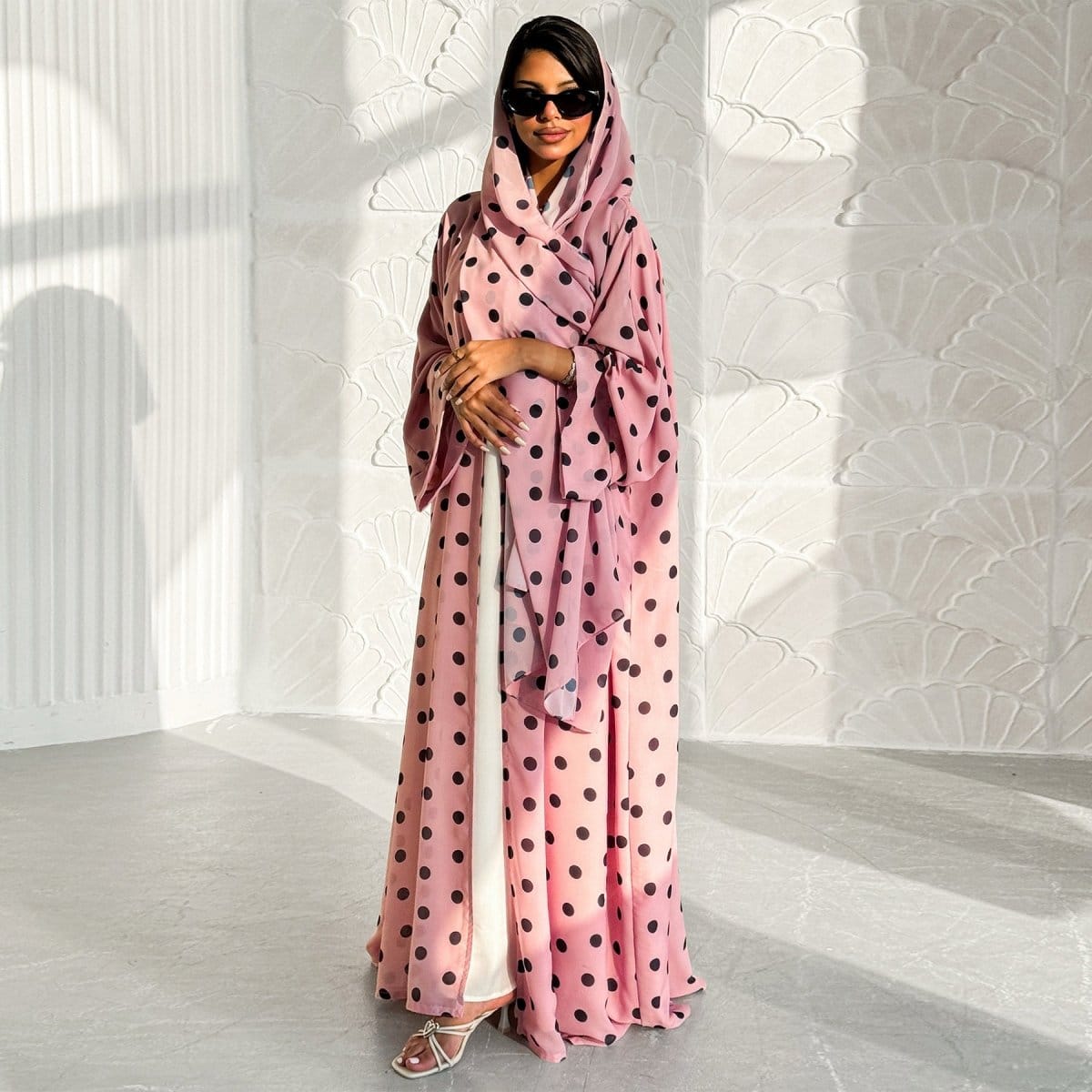 2-Piece Polka Dot Print Open Abaya Set(MOA316) - A-1 Thread Vault