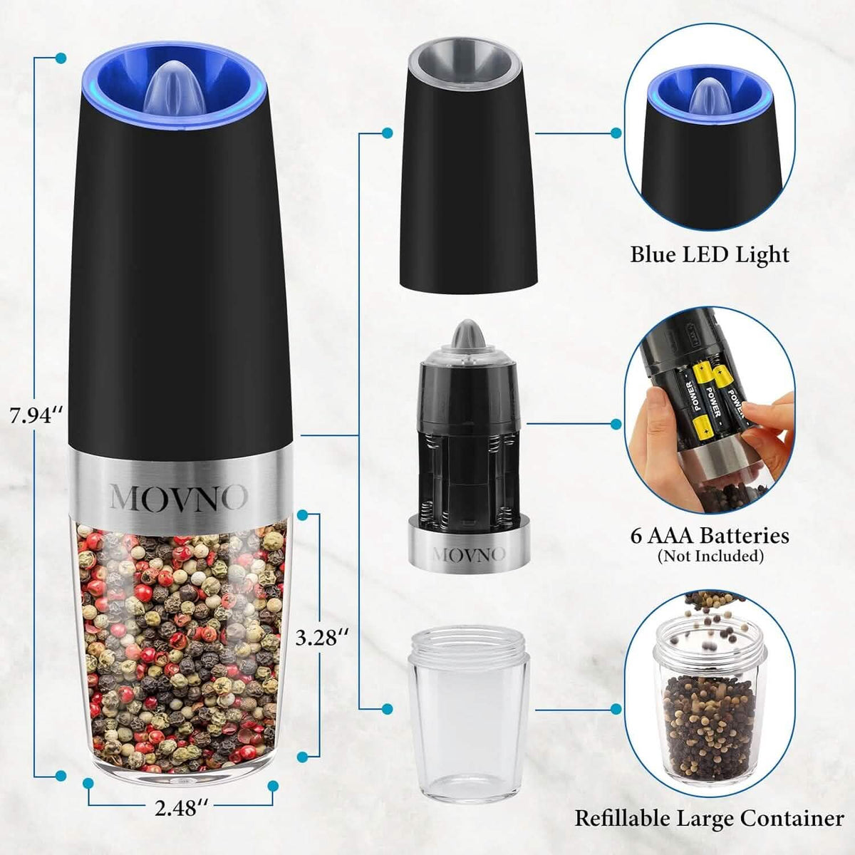 2-Piece Set: Gravity Electric Salt and Pepper Grinder Set, Battery Powered LED Light One Hand Automatic Operation - A-1 Thread Vault