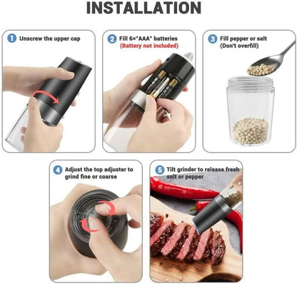 2-Piece Set: Gravity Electric Salt and Pepper Grinder Set, Battery Powered LED Light One Hand Automatic Operation - A-1 Thread Vault