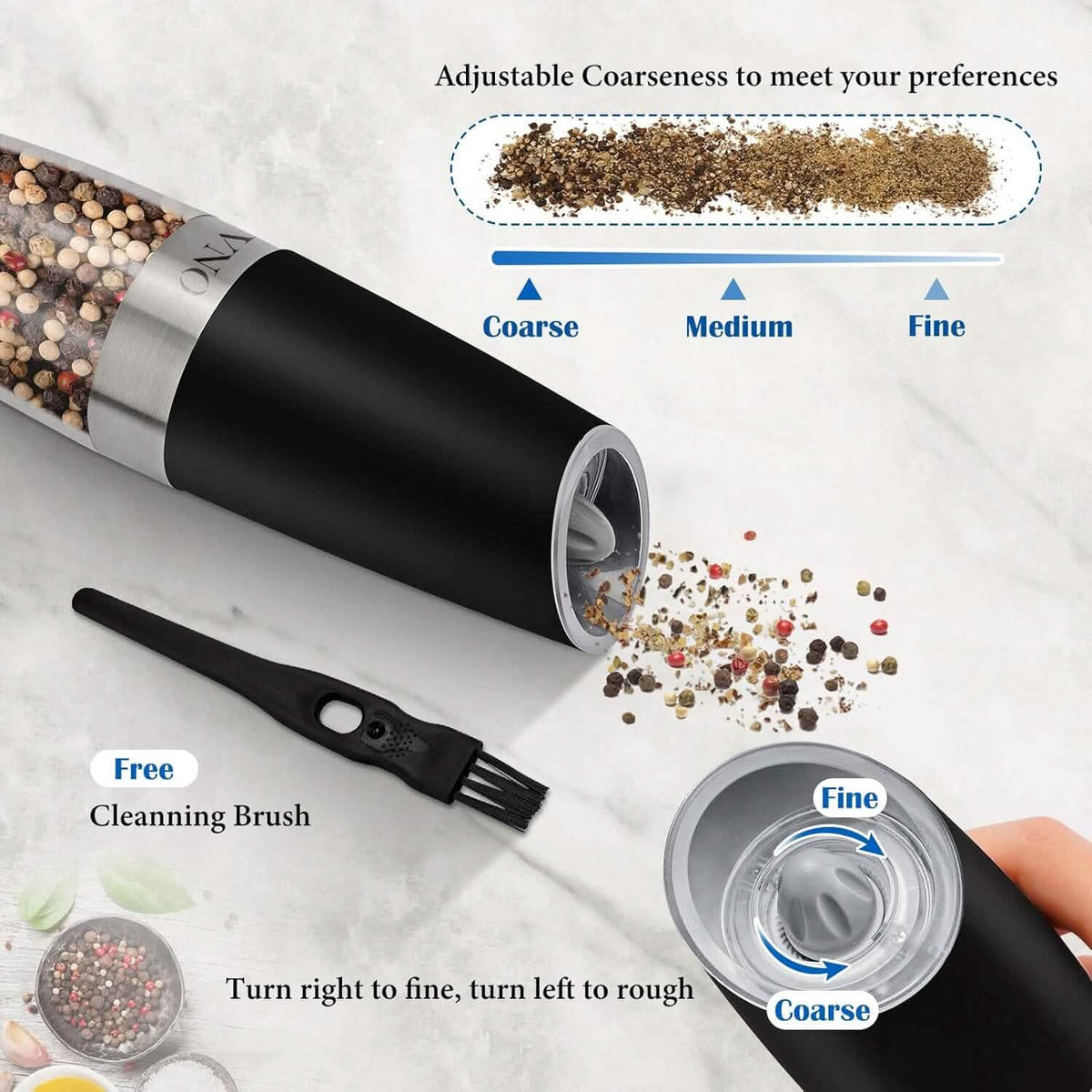 2-Piece Set: Gravity Electric Salt and Pepper Grinder Set, Battery Powered LED Light One Hand Automatic Operation - A-1 Thread Vault
