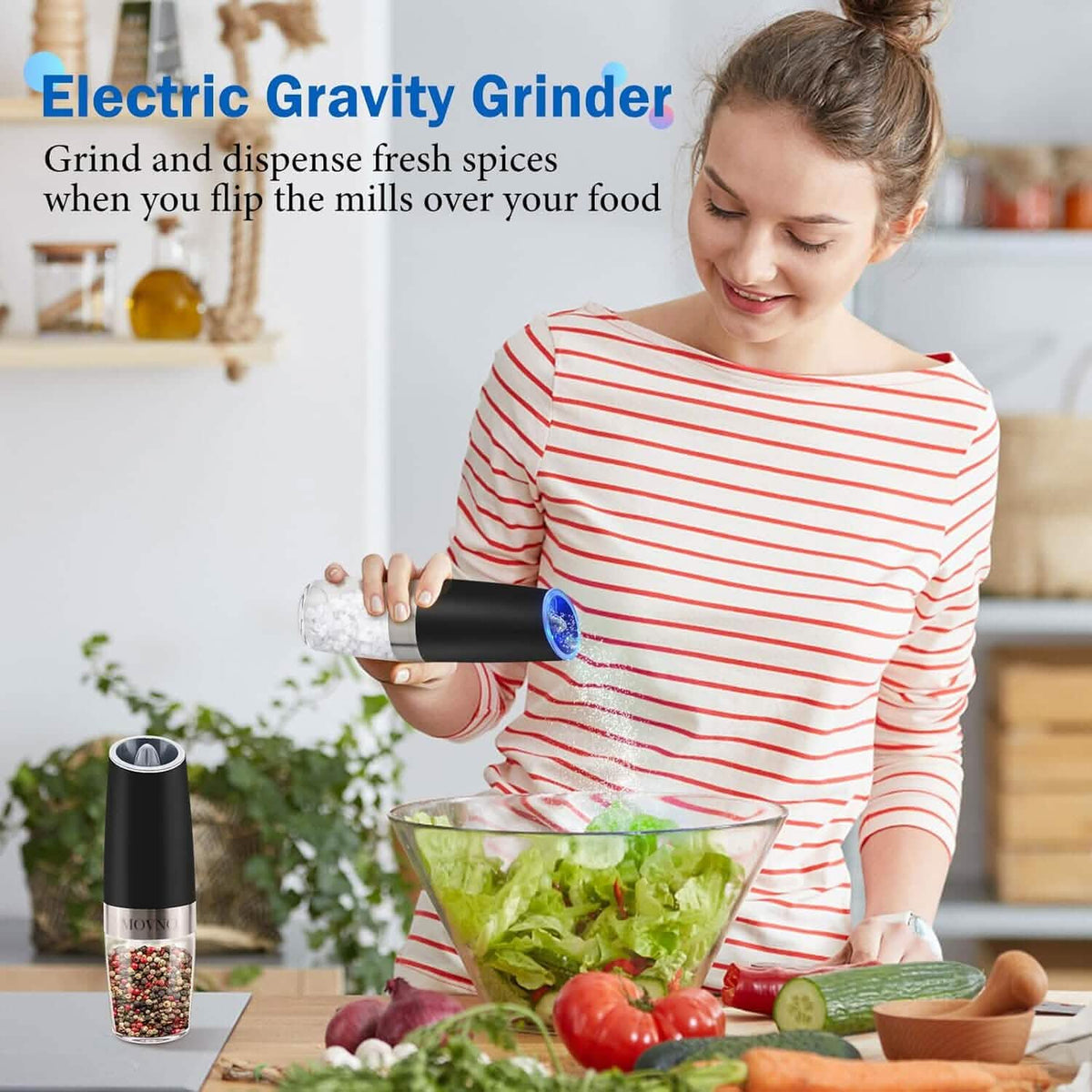 2-Piece Set: Gravity Electric Salt and Pepper Grinder Set, Battery Powered LED Light One Hand Automatic Operation - A-1 Thread Vault