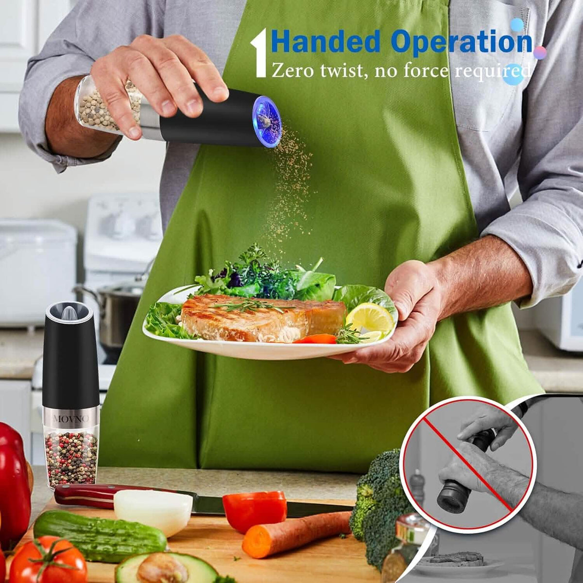 2-Piece Set: Gravity Electric Salt and Pepper Grinder Set, Battery Powered LED Light One Hand Automatic Operation - A-1 Thread Vault