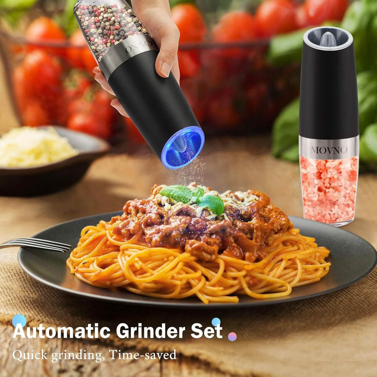 2-Piece Set: Gravity Electric Salt and Pepper Grinder Set, Battery Powered LED Light One Hand Automatic Operation - A-1 Thread Vault