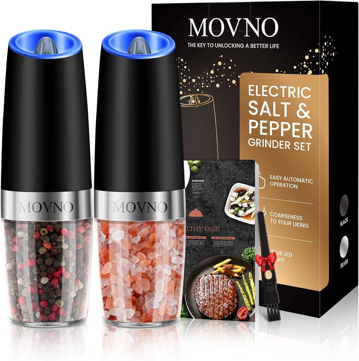 2-Piece Set: Gravity Electric Salt and Pepper Grinder Set, Battery Powered LED Light One Hand Automatic Operation - A-1 Thread Vault