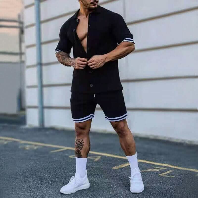 2-Piece Set: Men's Short Sleeve Plain Stripes Lapel - A-1 Thread Vault
