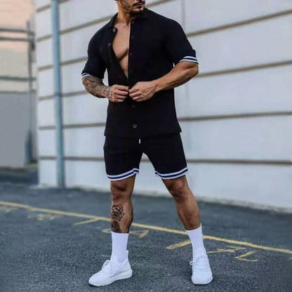 2-Piece Set: Men's Short Sleeve Plain Stripes Lapel - A-1 Thread Vault
