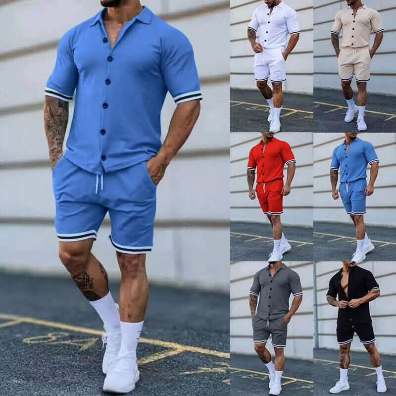 2-Piece Set: Men's Short Sleeve Plain Stripes Lapel - A-1 Thread Vault
