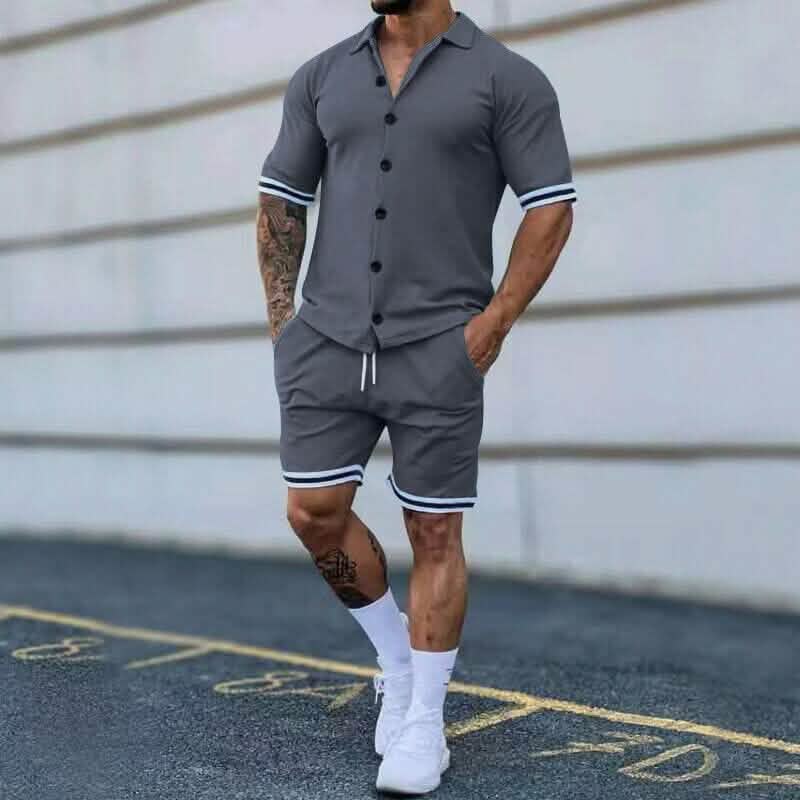 2-Piece Set: Men's Short Sleeve Plain Stripes Lapel - A-1 Thread Vault