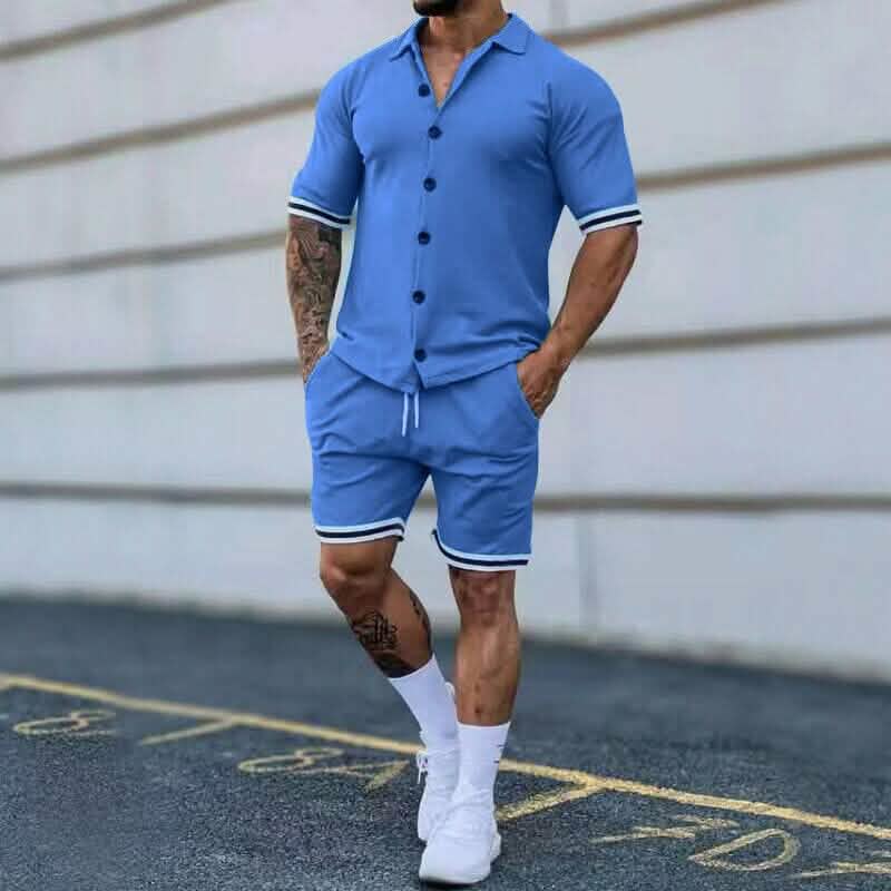 2-Piece Set: Men's Short Sleeve Plain Stripes Lapel - A-1 Thread Vault