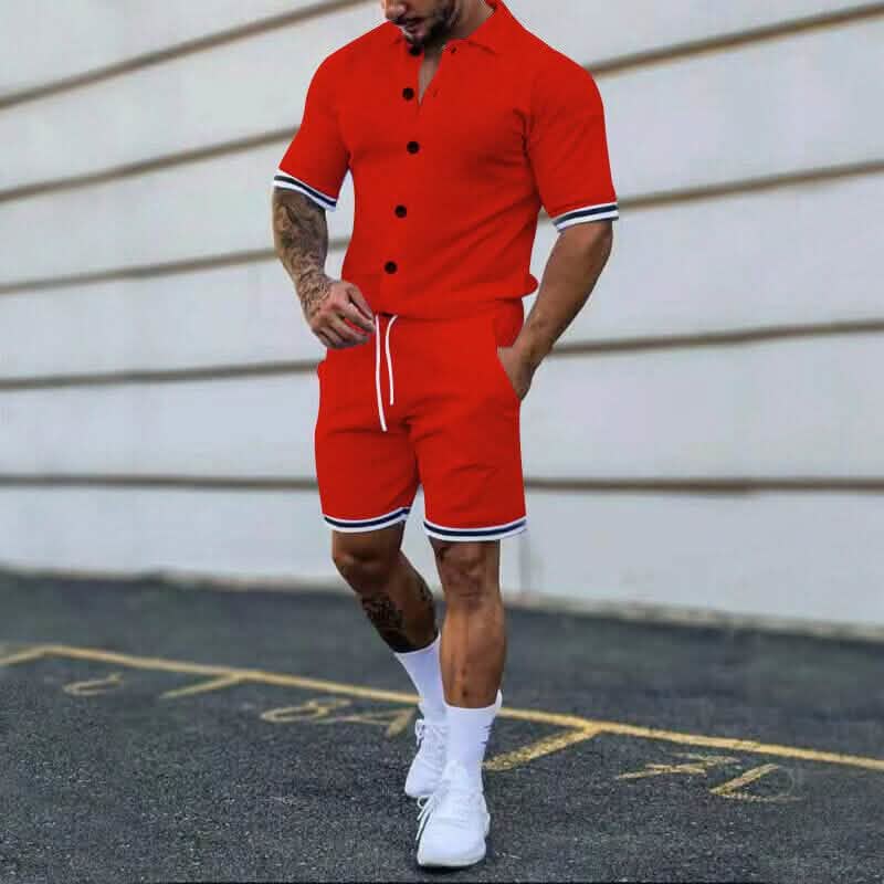 2-Piece Set: Men's Short Sleeve Plain Stripes Lapel - A-1 Thread Vault