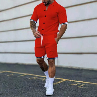 2-Piece Set: Men's Short Sleeve Plain Stripes Lapel - A-1 Thread Vault