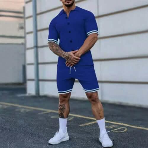 2-Piece Set: Men's Short Sleeve Plain Stripes Lapel - A-1 Thread Vault