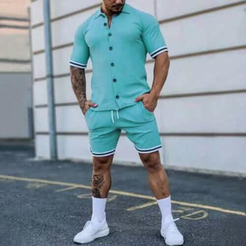 2-Piece Set: Men's Short Sleeve Plain Stripes Lapel - A-1 Thread Vault