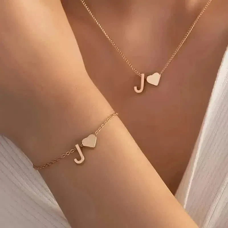 2-Piece Set: Metal Heart And English Letter Necklace And Bracelet - A-1 Thread Vault
