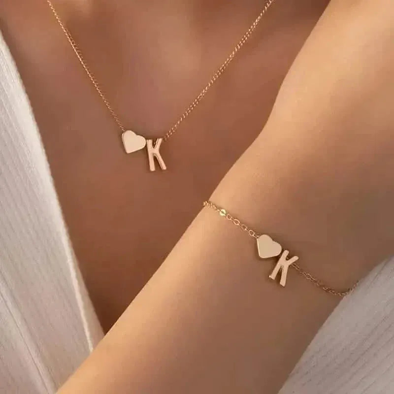 2-Piece Set: Metal Heart And English Letter Necklace And Bracelet - A-1 Thread Vault