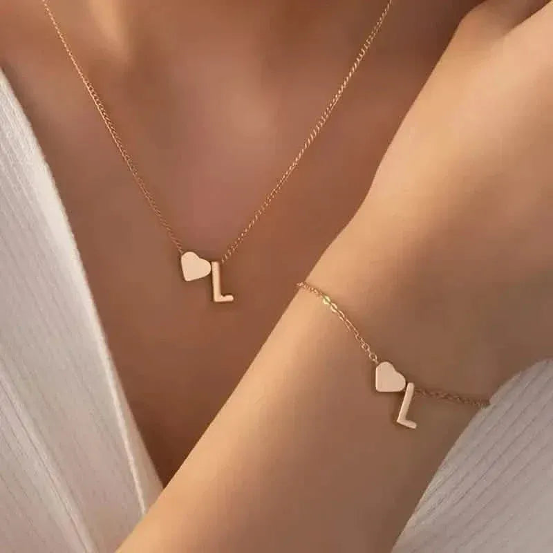2-Piece Set: Metal Heart And English Letter Necklace And Bracelet - A-1 Thread Vault