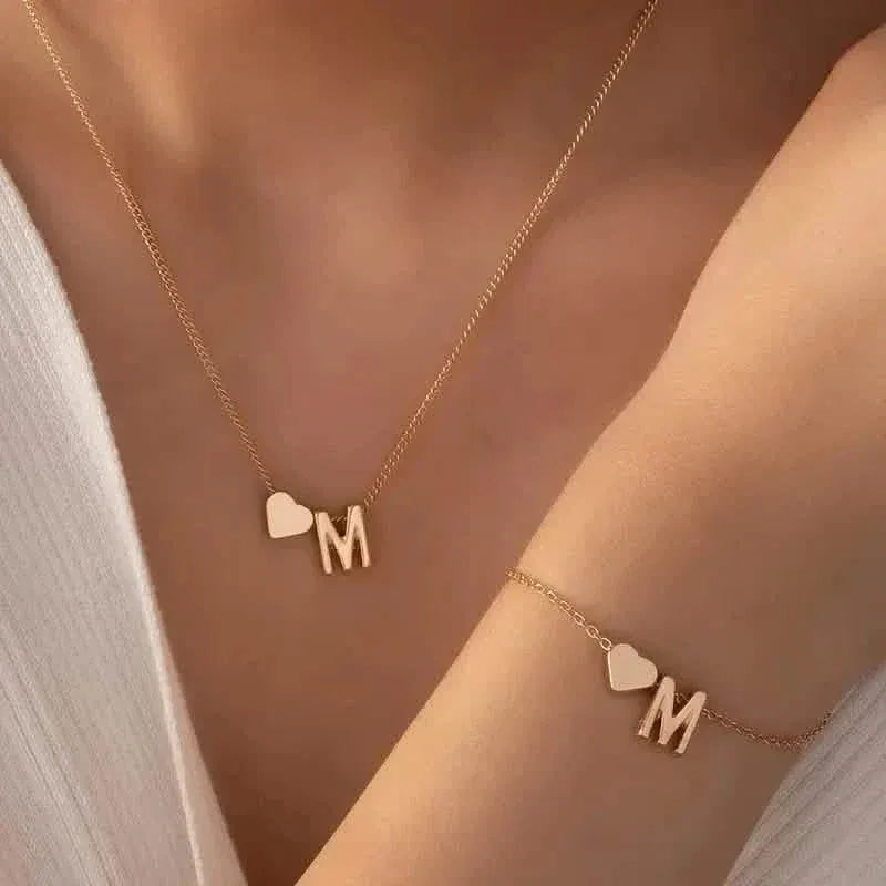 2-Piece Set: Metal Heart And English Letter Necklace And Bracelet - A-1 Thread Vault