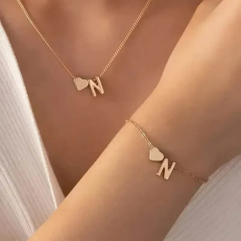 2-Piece Set: Metal Heart And English Letter Necklace And Bracelet - A-1 Thread Vault