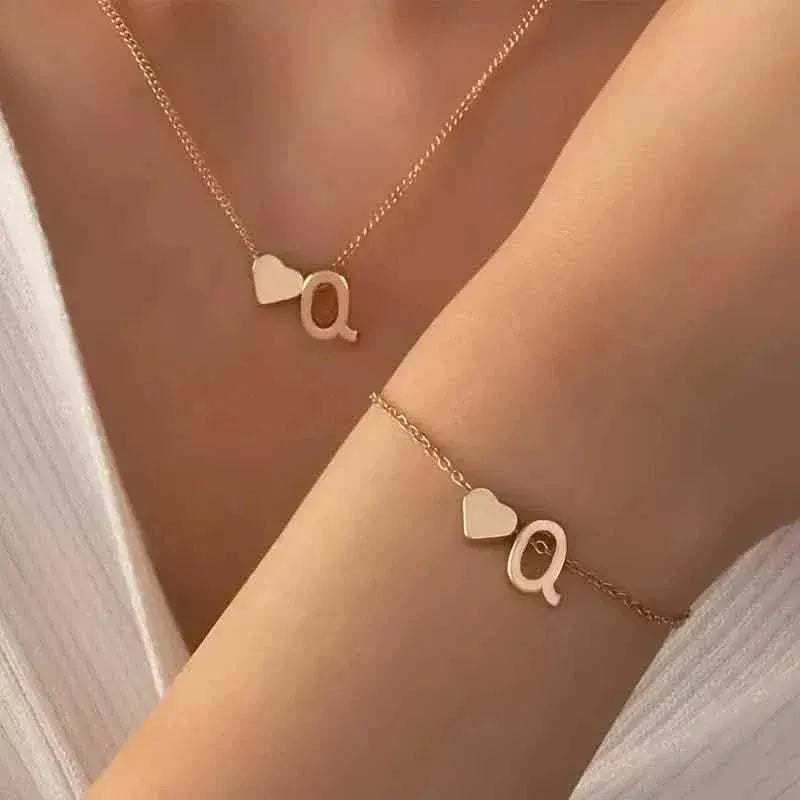2-Piece Set: Metal Heart And English Letter Necklace And Bracelet - A-1 Thread Vault